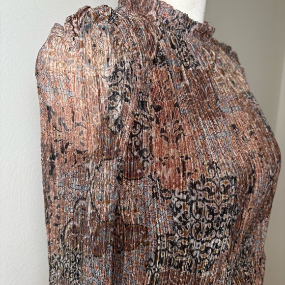 JOIE Semi Sheer Sheer Metallic Long-Sleeve Blouse Smocked Waist Ruffle Neck S - Picture 3 of 15